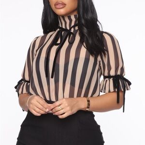 04- Fashion Nova NWOT Black and White Striped Bodysuit, Size Small. Polyester.